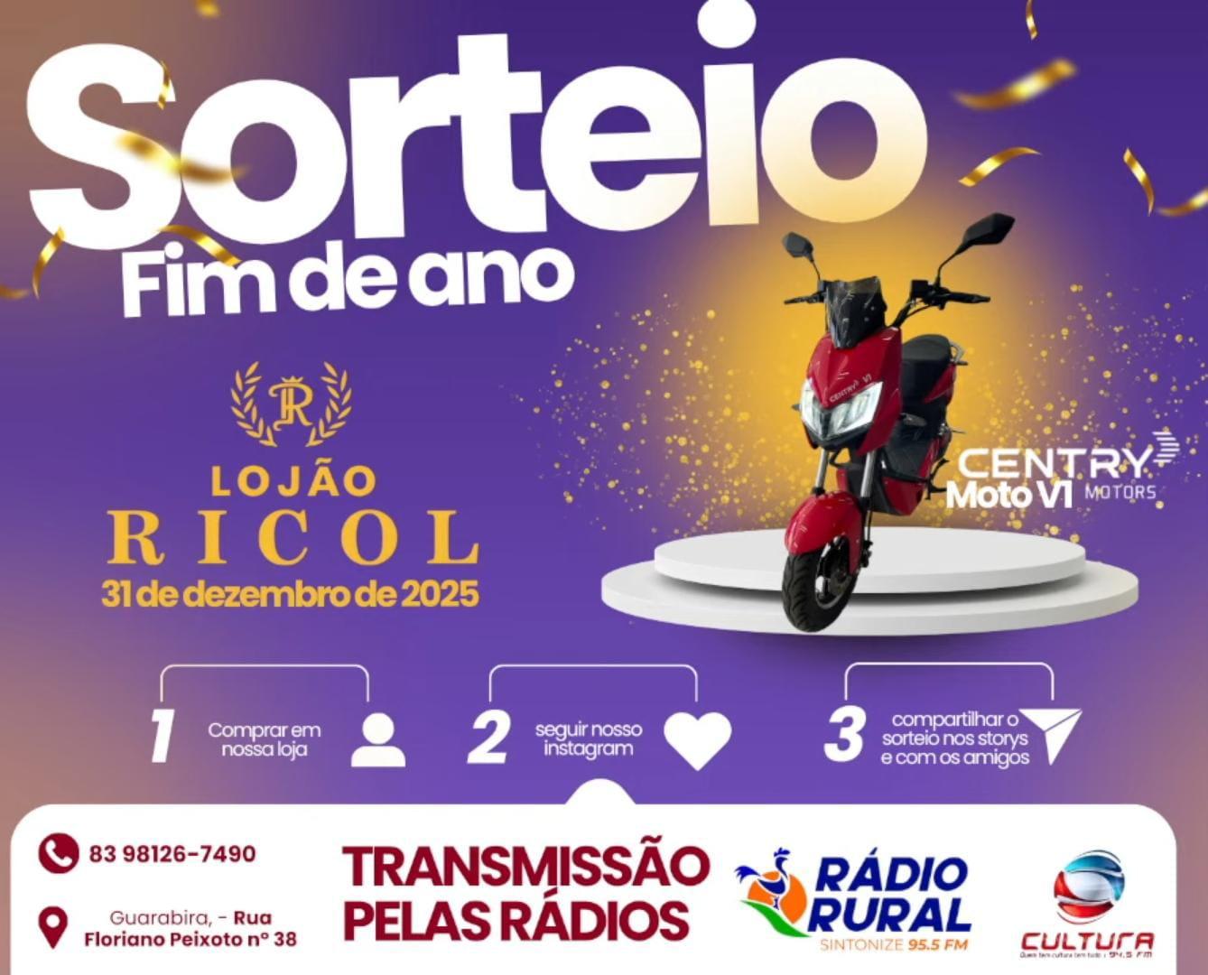 Grupo João Rafael irá sortear moto V1 da Centry motors para clientes do Lojão Ricol